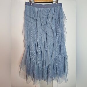 Dusty Blue Tiered Ruffle Tulle Skirt Elastic Waist Size L